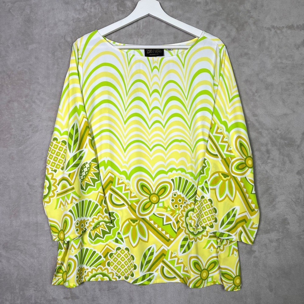 Bob Mackie Wearable Art 1X Mod Floral Artsy Tunic Top Retro 60s 70s Boho Print